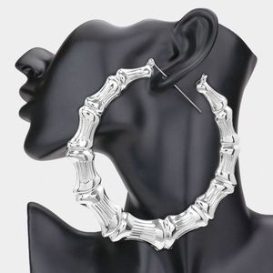 Silver Textured Bamboo Big DoorKnocker Hoop Earrings 3.75" Trendy Accessory